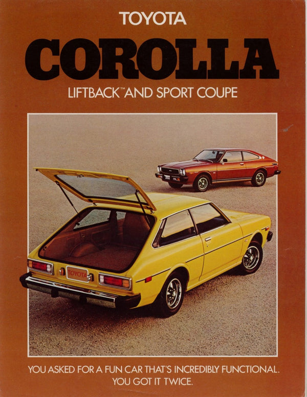 Vintage Ad Tan Toyota Corolla with the trunk open