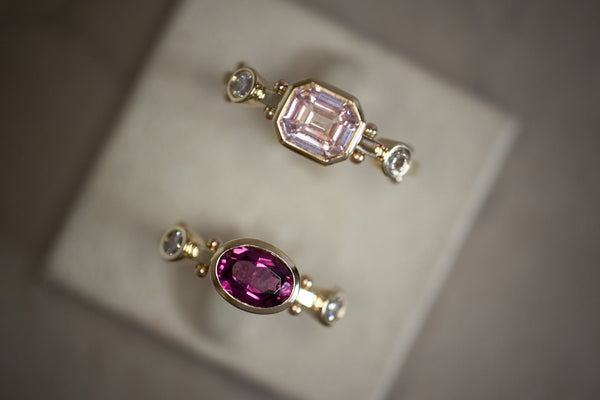 Overhead view of Rhodolite Garnet Kaori Ring and Light Pink Sapphire Kaori Ring.